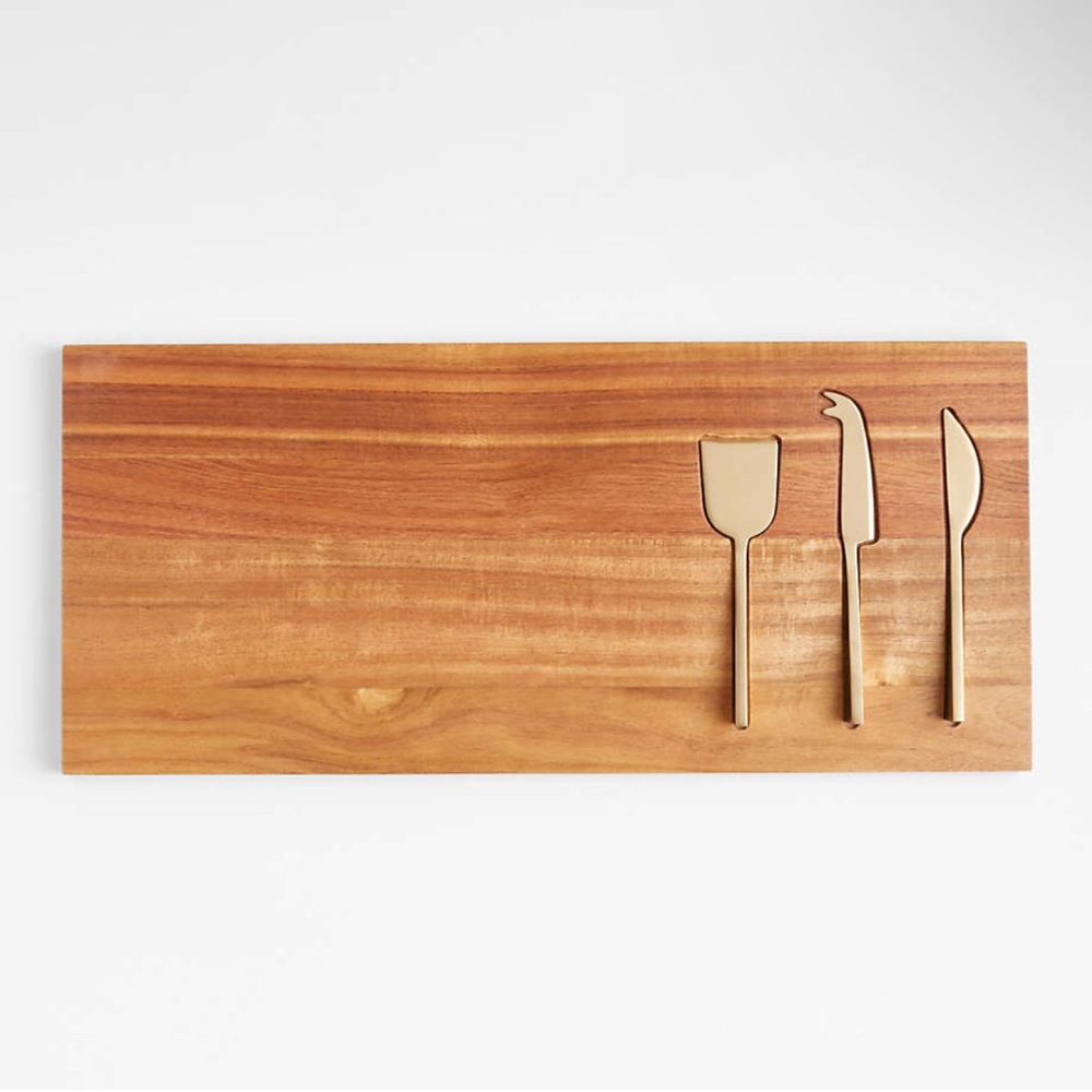 Crate and Barrel Octavia Large Wood Serving Board with Cheese Knives